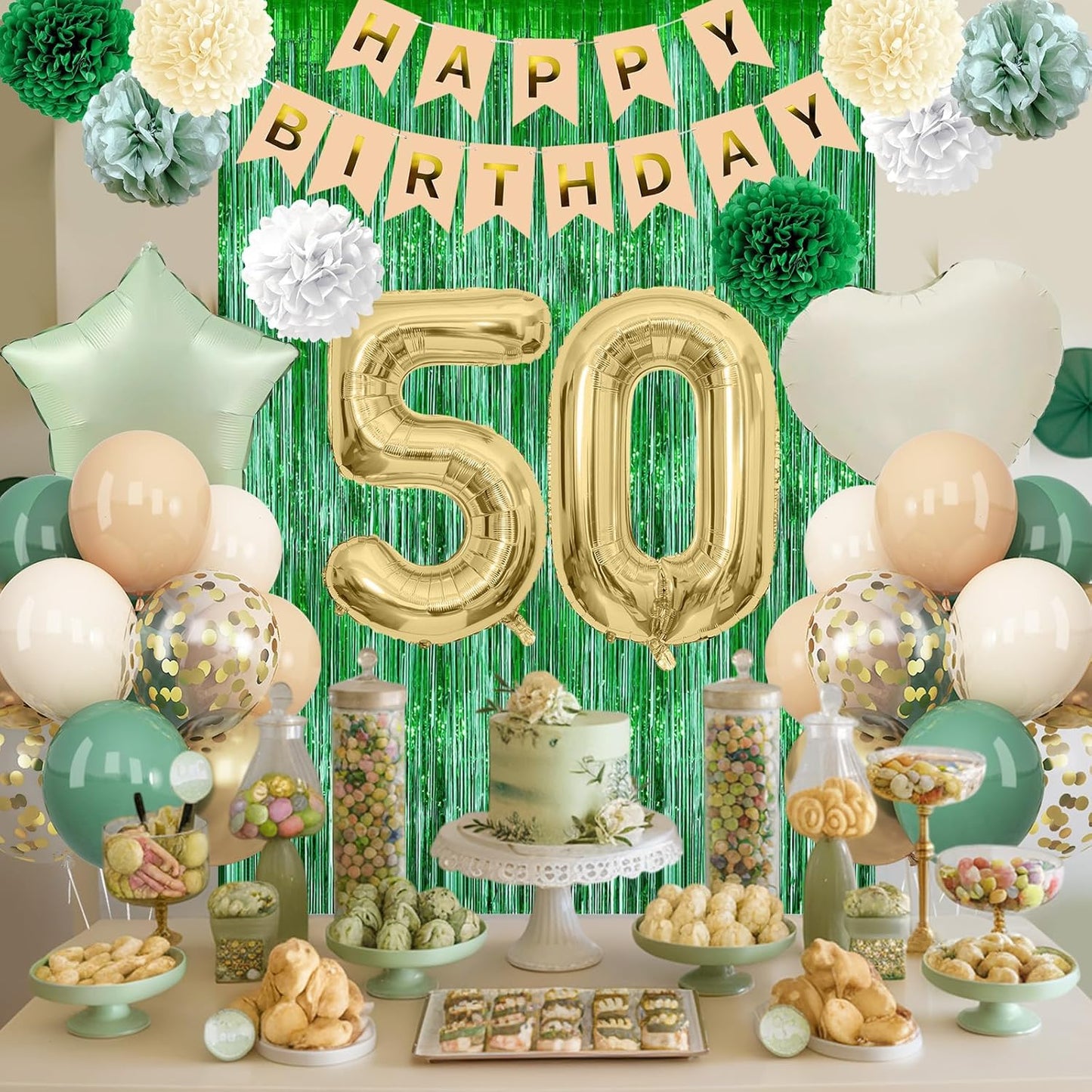 Sage Green 50th Birthday Decorations for Men Gold Number 50 Balloon Nude Gold Happy Birthday Banner Fringe Curtain Paper Pom Poms Olive Green Cream White Sand Star Foil Balloons Party Decor