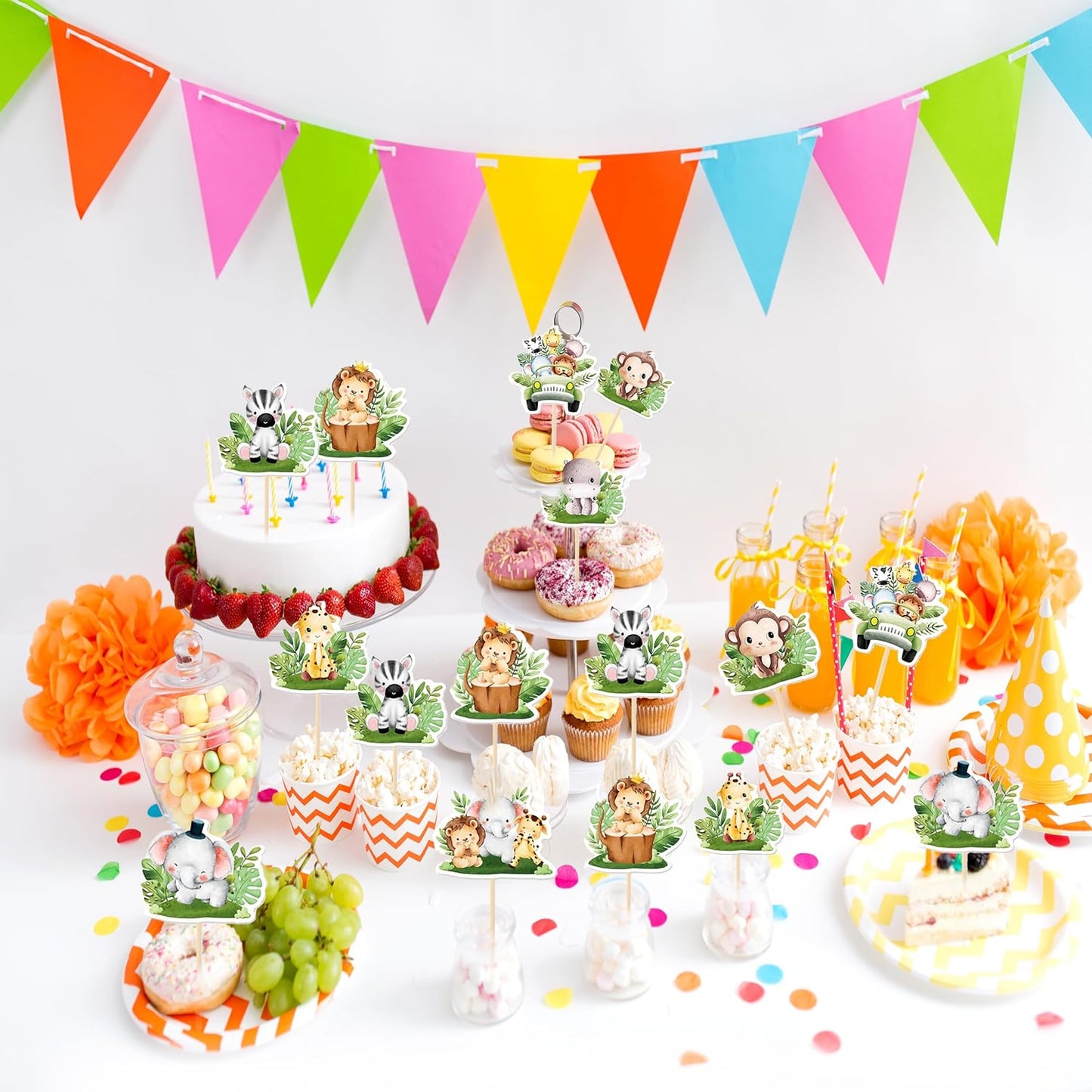 Safari Animal Cupcake Toppers – 24-Pack Jungle Safari Cake & Cupcake Picks with Lion, Elephant, Giraffe, Zebra & Monkey Designs, Party Dessert Decorations for Baby Showers & Birthdays