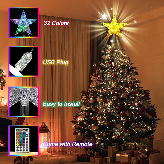 Christmas Tree Topper Star, 9.5 Inches Multi-Color LED Lighted Christmas Treetop Decorations with Remote, USB Powered for Xmas Holiday Party Decor Gift for Indoor/Outdoor