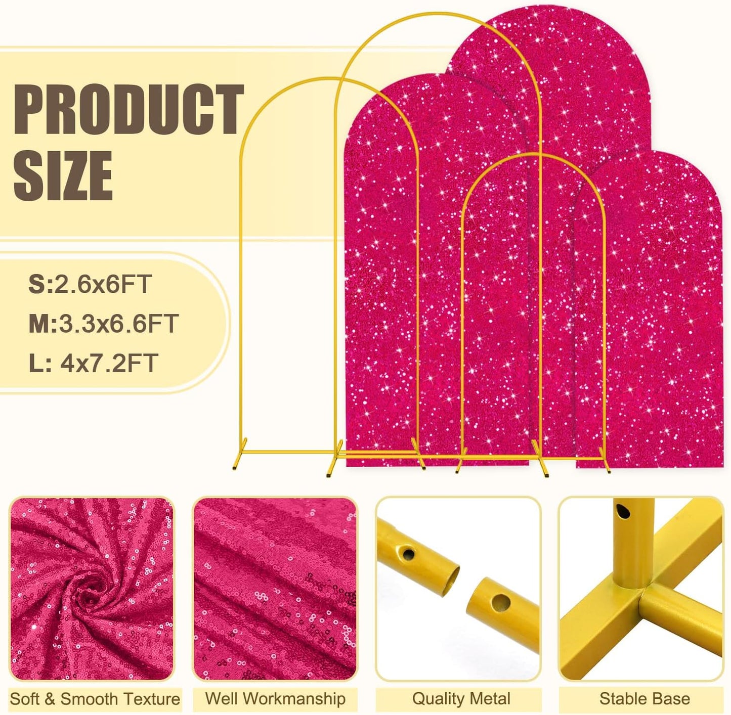 MODFUNS Metal Arch Backdrop Stand and Cover Set 6&6.6&7.2ft Hot Pink Sequins Arch Backdrop Cover Set of 3 Gold Arch Stand with Covers for Baby Shower Birthday Party Banquet Decoration