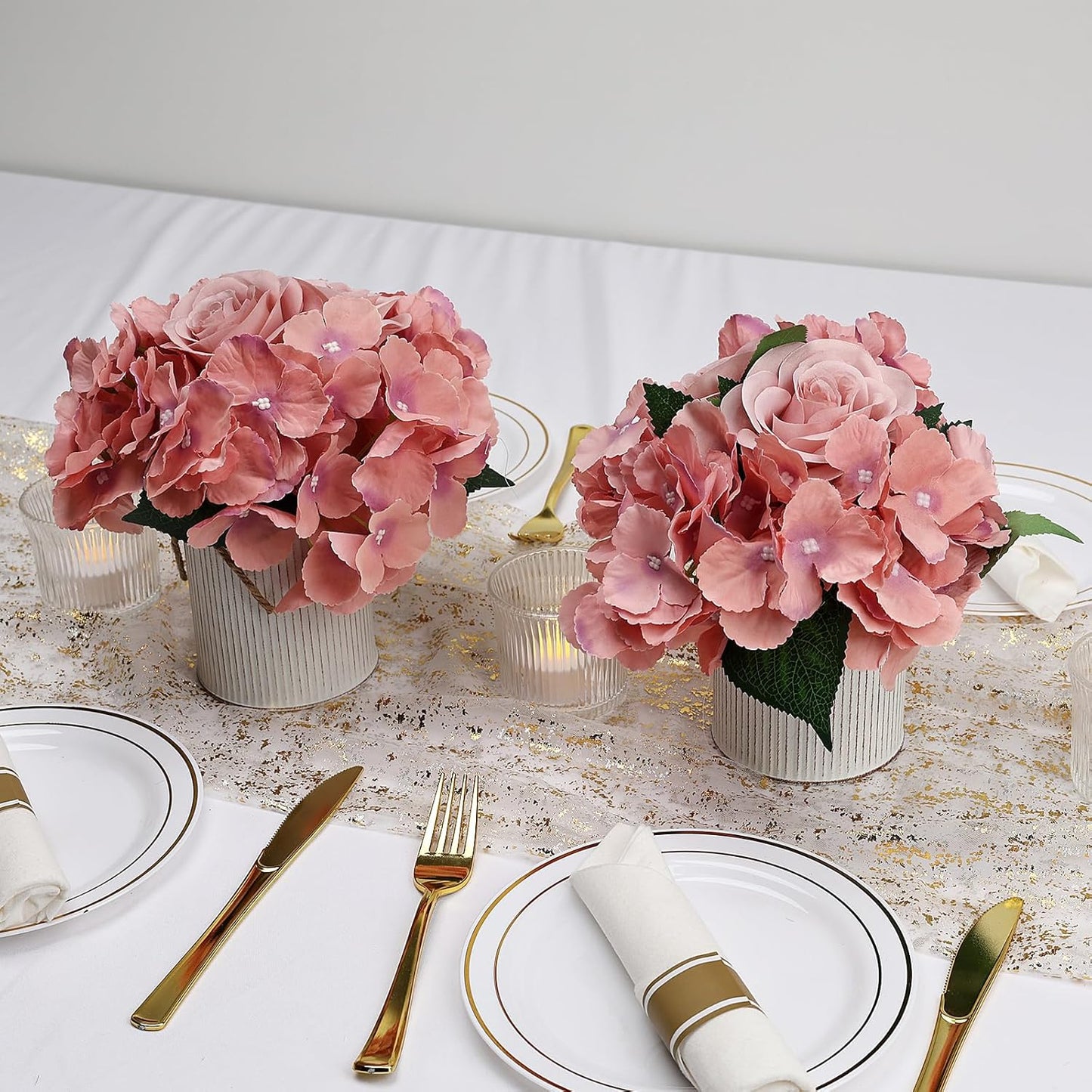 Flower Table Centerpieces - Set of 6 Floral Arrangement Artificial Wedding Hydrangeas Floral Arrangement with Rustic Metal Vase for Bridal Tea Party Event Decorations - Deep Pink