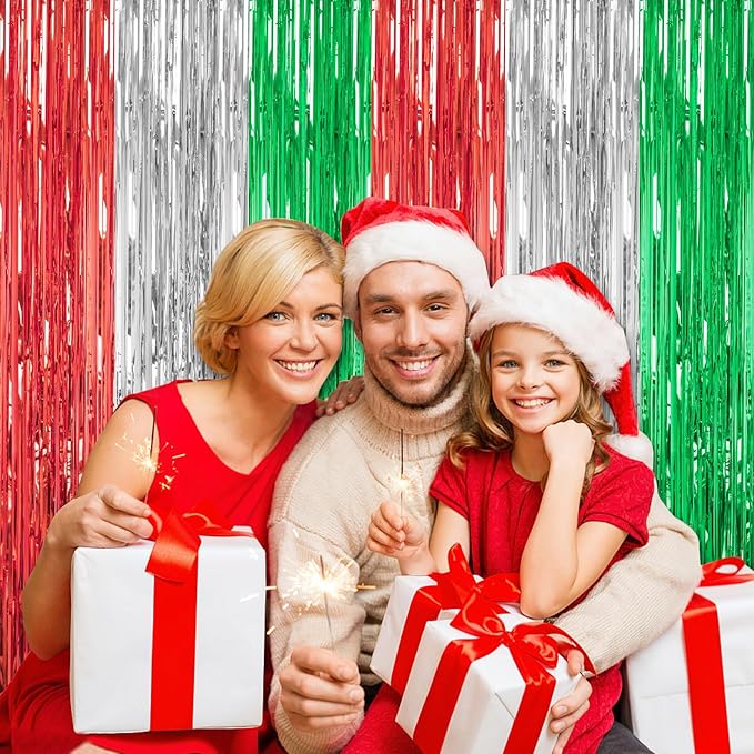 3 Pack Foil Fringe Backdrop - Shiny Tinsel Curtains for Party Decoration/Photo Booth Props - 3.3x8.2FT Metallic Foil Backdrop for Birthday, Wedding, Graduation, Christmas-Red&Silver&Green