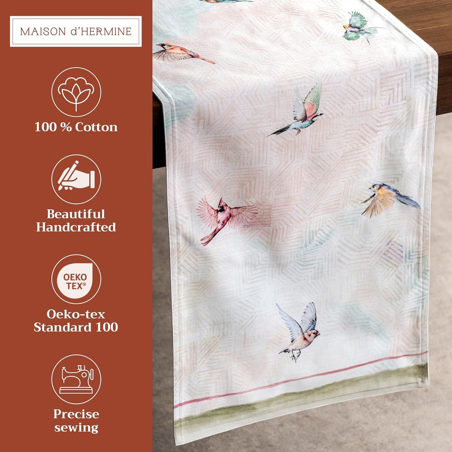 Maison d' Hermine Table Runner 100% Cotton Double Layer Table Runners 72 inches Long Decorative for Home Kitchen Dining Party Wedding Bridal Shower Spring Summer (Flying Birds, 14.50" x 72")