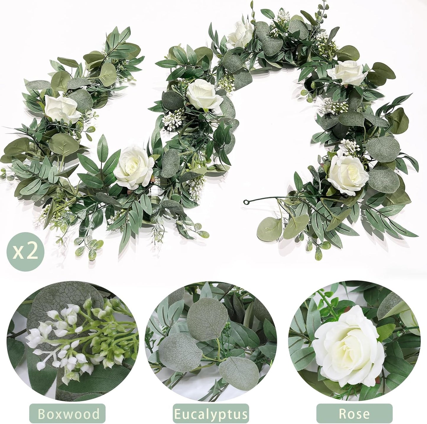 2 Pack 13Ft Artificial Eucalyptus Flower Garland with White Roses, Fake Rose Flower Greenery Garland Floral Vines for Wedding Home Party Table Runner Decor (White)