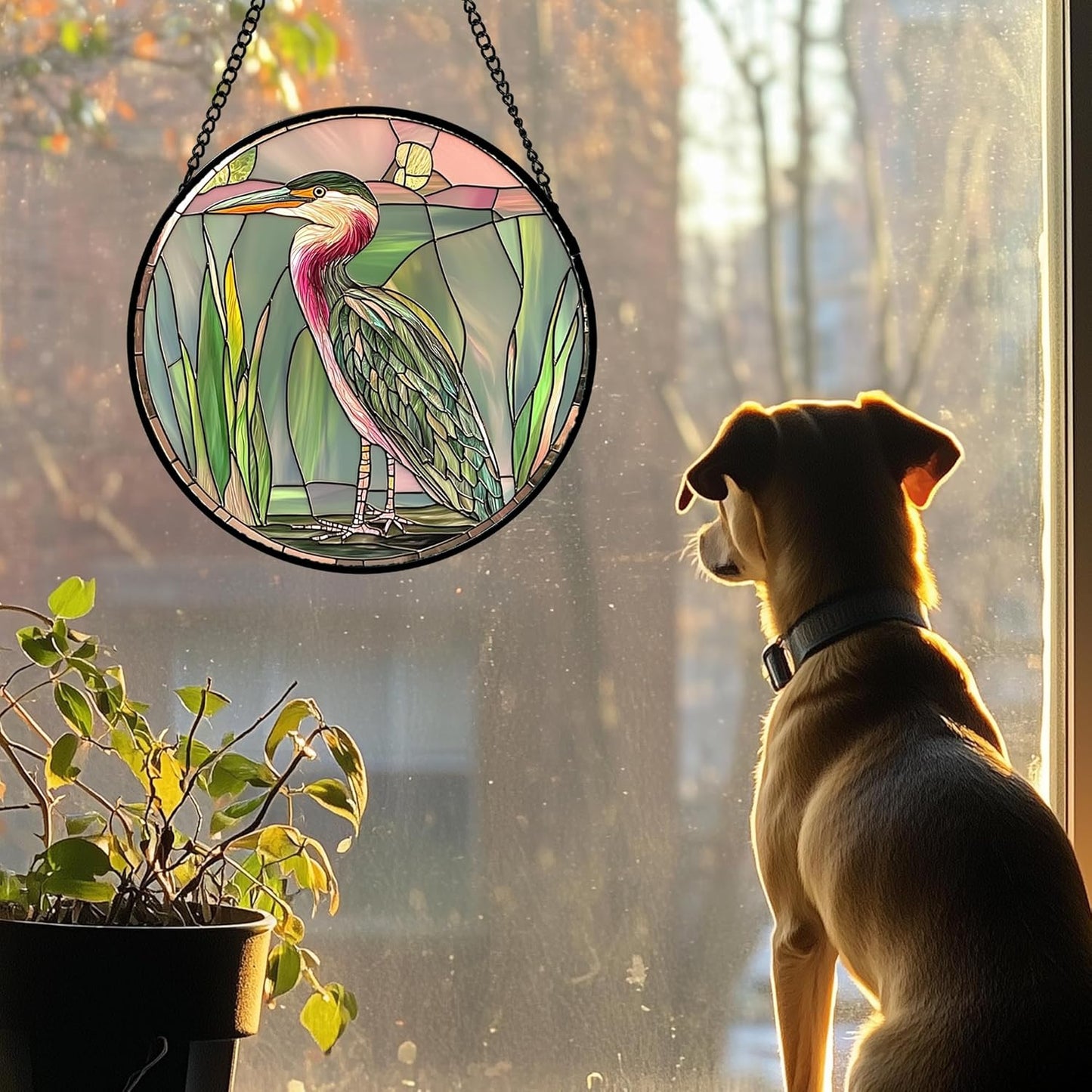 Stained Glass Window Hanging 4 Pcs Set Cute Animal 6.3"- Green Plant Pink Suncatcher Door Garden Sun Catcher Decor Birthday Christmas for Mom Woman Nana Men Friend