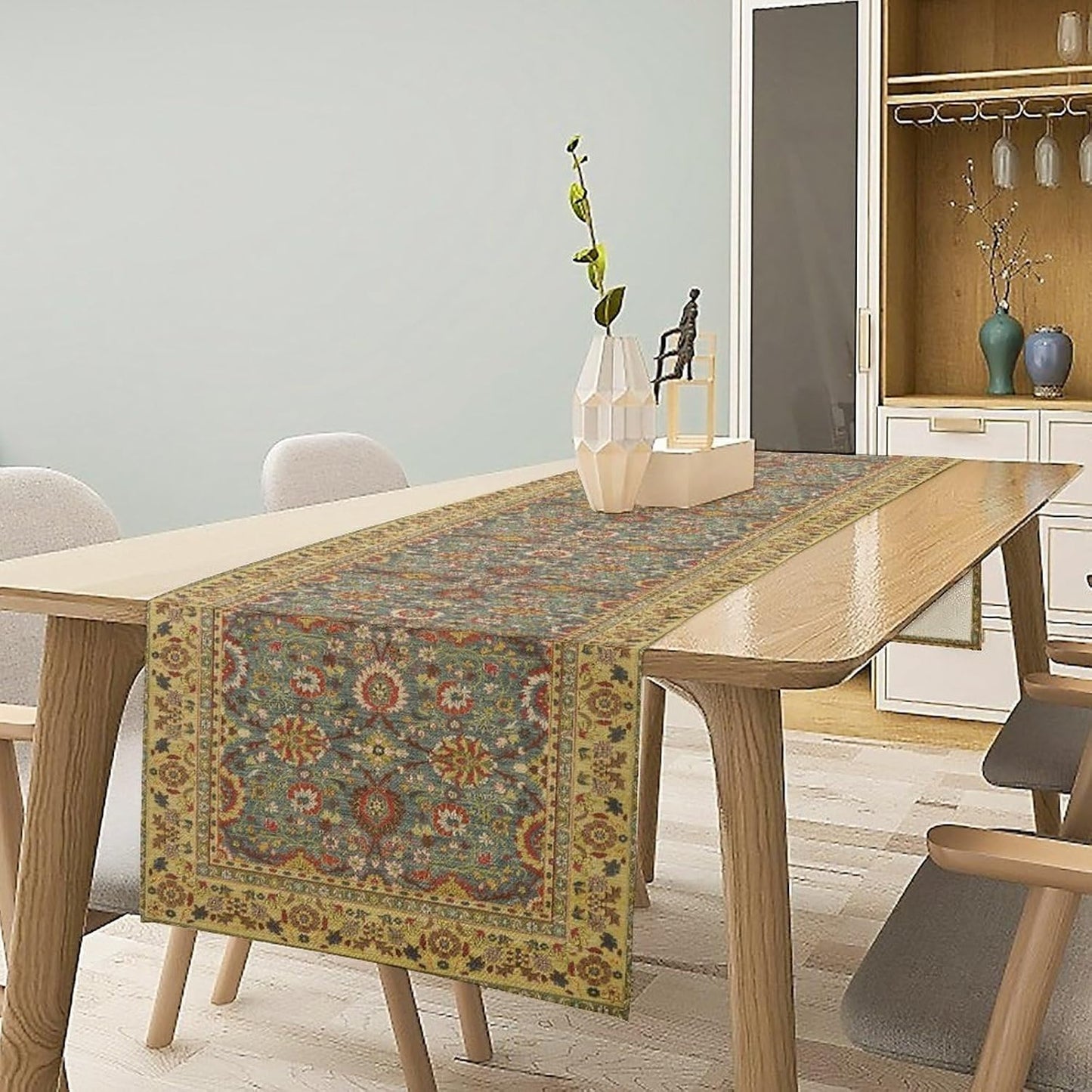 Boho Floral Vintage Beige Blue Table Runner, Retro Flower Rustic Country Farmhouse Abstract Pattern for Home Kitchen Table Decor Dining Coffee Room Party Decor 13x120in