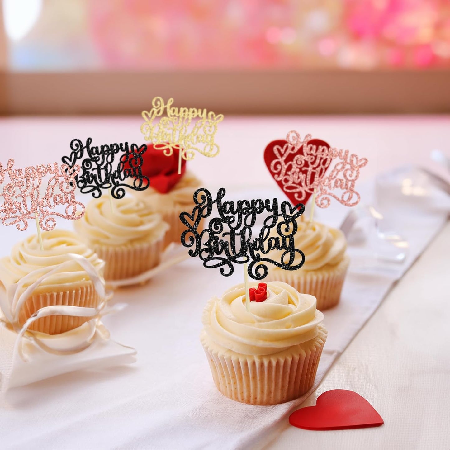 Gyufise 24Pcs Happy Birthday Cupcake Toppers Glitter Happy Birthday Cupcake Picks for Celebrating Happy Birthday Party Decor Anniversary Theme Party Cake Decorations Supplies Black Gold Rose Gold