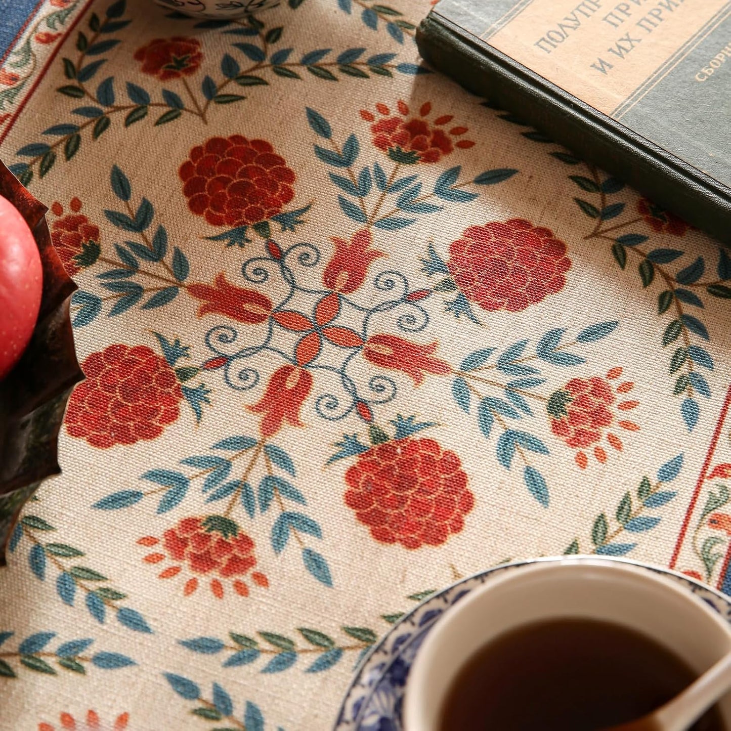 patdrea Designer Vintage Bright Farmhouse Linen Table Runner 87 Inch Long, Maroon Floral Pattern Table Mat, Decoration for Kitchen Dining Table Coffee Table Cabinet Banquet Christmas ,12"*87"