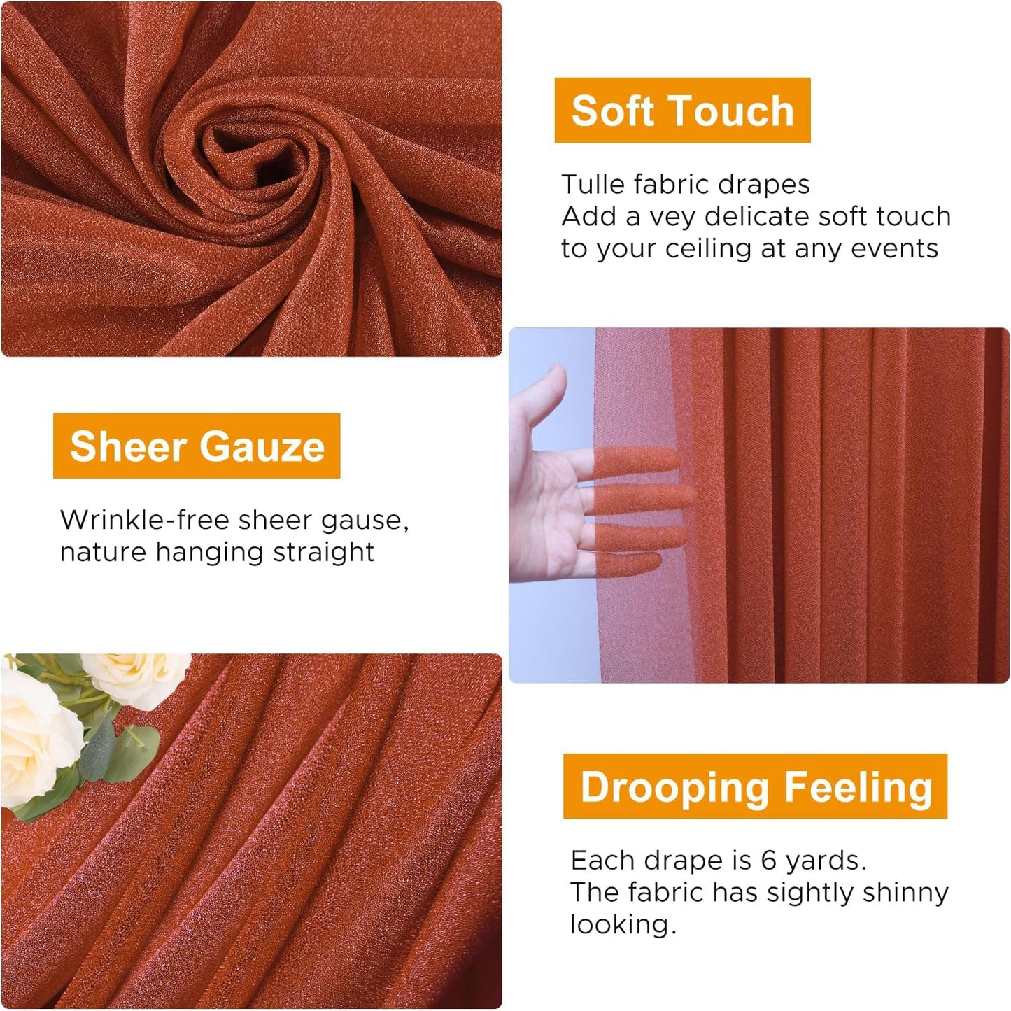 Wedding Arch Draping Fabric 2 Panels 28.7" x 20FT Terracotta Sheer Chiffon Backdrop Drapes for Wedding Ceremony Birthday Party Bridal Shower Outdoor Decoration