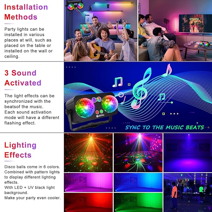 Party Lights Dj Disco Ball Light with 10 ft USB Cable 5V/3A Sound Activated Strobe Stage Lighting for Parties Indoor Dance Bar Club Birthday Karaoke Halloween Christmas New Years Rave Show