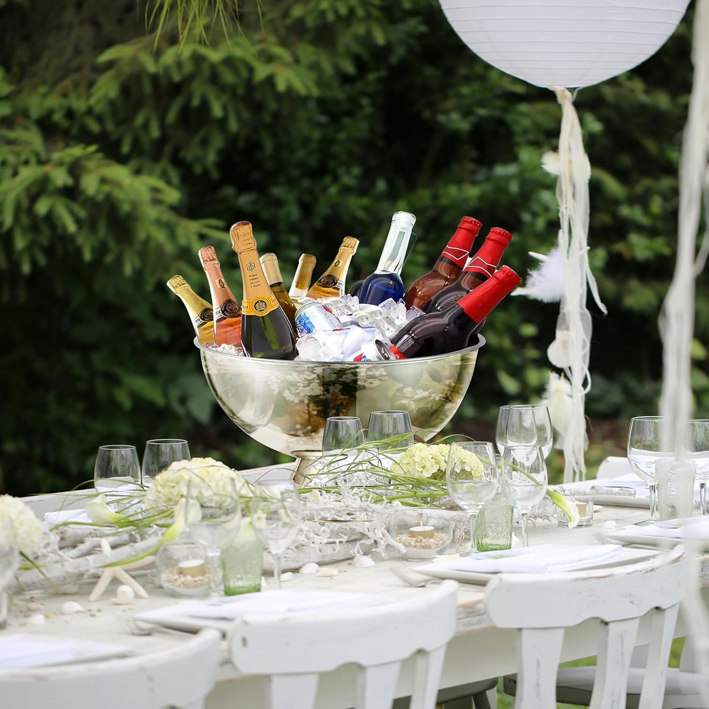 12L Silver Large Ice Bucket for Parties - 16"x16"x10" Huge Punch Bowl with Ladle - Stainless Steel Bucket for Cocktail Bar - Lightweight Champagne Bucket with Scoop