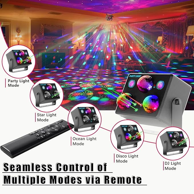 6-in-1 Disco Ball Party Lights with Sound Activation & Remote Control: Multi-Effect Lighting with Star Projector, Ocean Wave and LED Strobe for Home, Christmas, Birthday, Wedding, Bar and Club