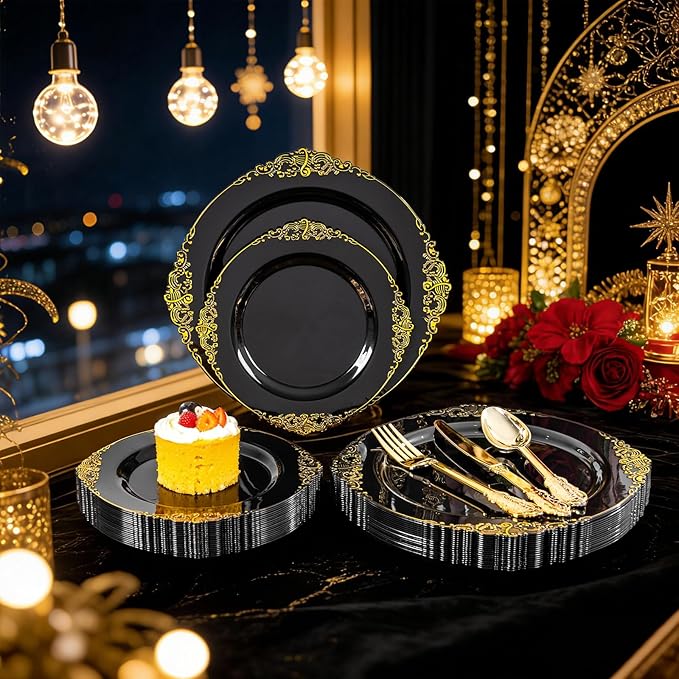 125PCS Black and Gold Plastic Plates - Black Disposable Dinnerware Set - Vintage Plastic Plates with Gold Silverware for 25 Guests for Wedding Party