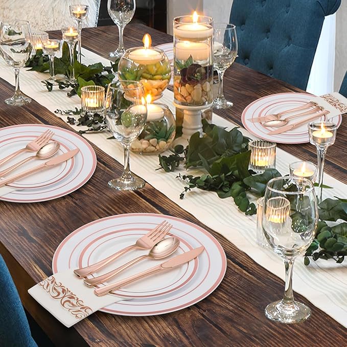 Goodluck 175 Piece Rose Gold Dinnerware Set for 25 Guests, Plastic Plates Disposable for Party, Include: 25 Dinner Plates, 25 Dessert Plates, 25 Paper Napkins, 25 Cups, 25 Silverware Set