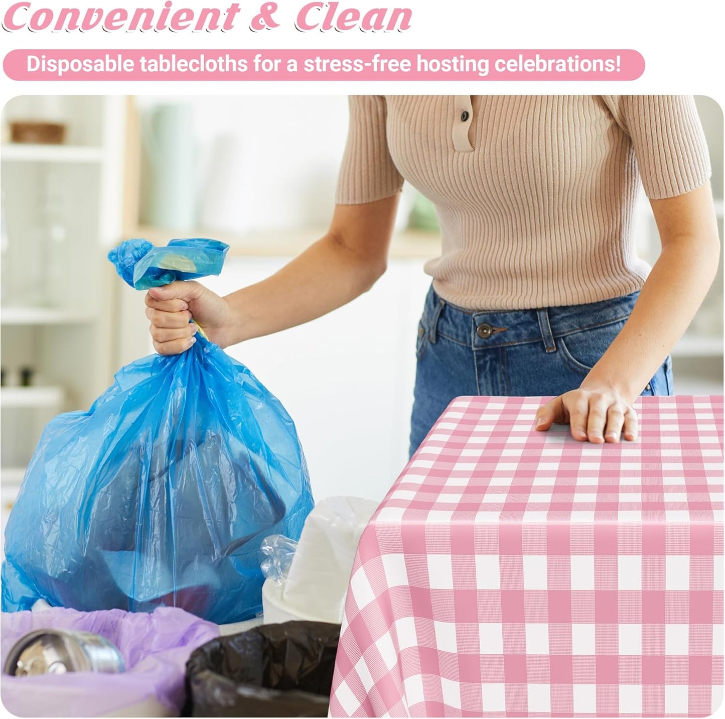 12Pack Table Cloth Rectangle Table, 54" x 108" Plastic Table Cloth Disposable, Waterproof Pink and White Checkered Table Cover for Outdoor Picnic Birthday Party Supplies Gathering BBQ Holiday Dinner