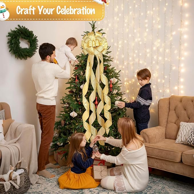 Dayker Christmas Tree Topper Bow, 51x13 Inches Handmade Gold Wreath Bows, Large Ribbon Ornaments with Wired Edge, Xmas Long Streamers Bowknot for Birthday Wedding Party Home Door Porch Decor