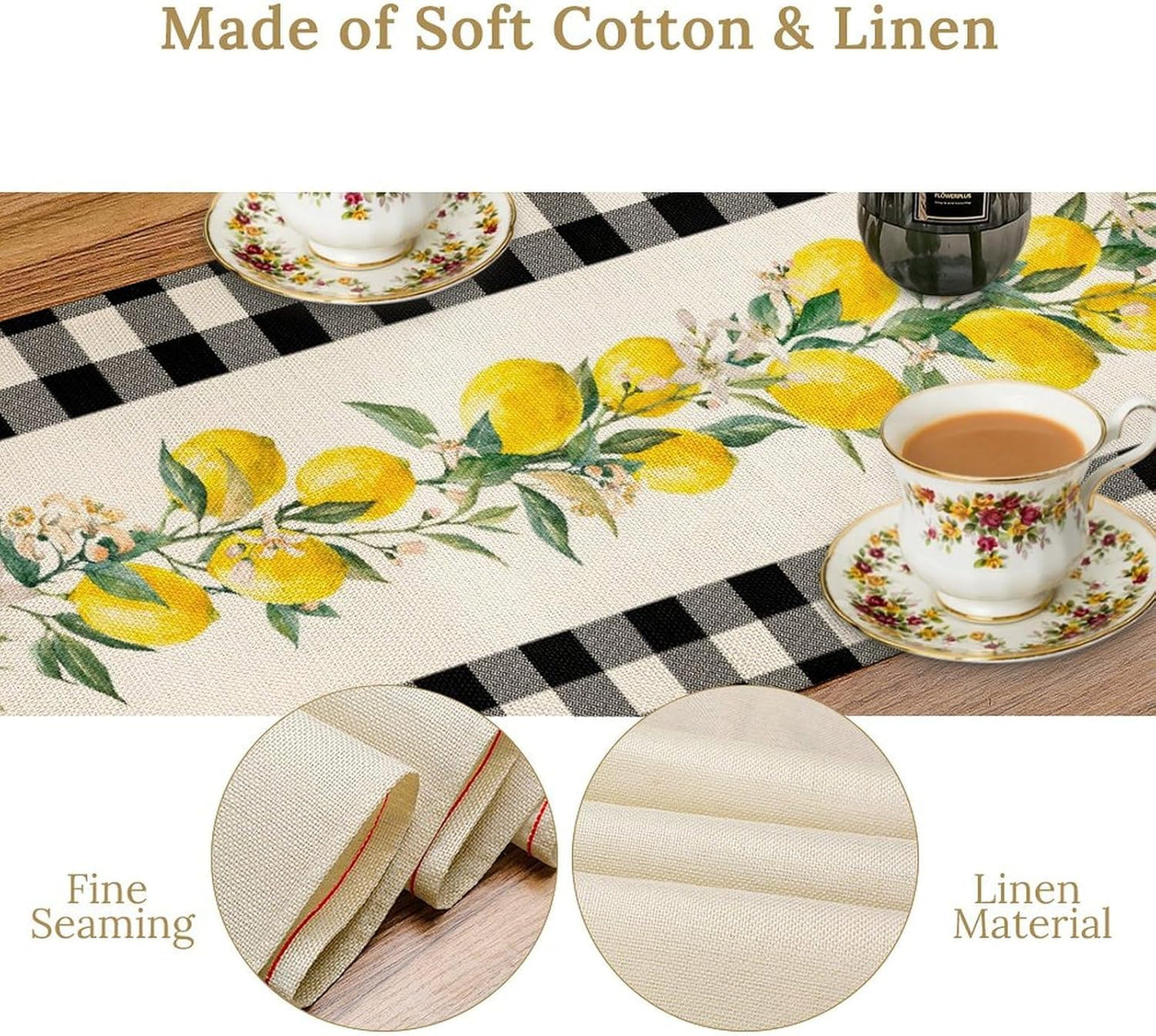 Lemon Table Runner,Black Buffalo Plaid Lemon Table Runner Farmhouse Style Spring Summer Home Kitchen Dinding Room Table Decoration 13x90 Inch