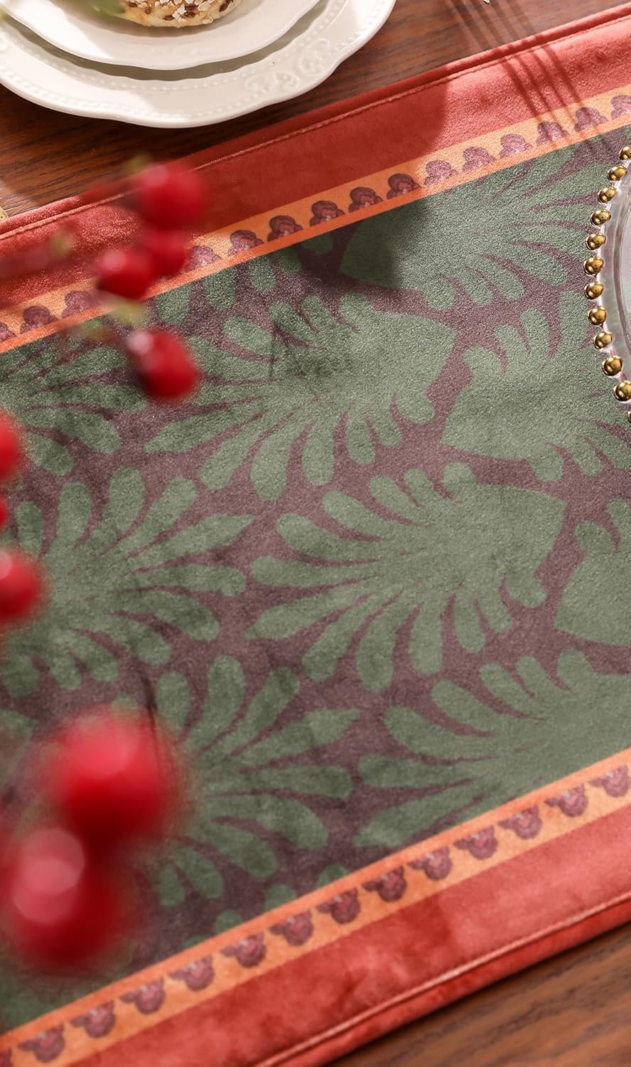 patdrea Designer Mysterious Oil Painting Figures Velvet Table Runner, Brown Green with Palm Frond Pattern Table Mat, Decoration for Kitchen Dining Coffee Table Cabinet Banquet Thanksgiving,12"*102"