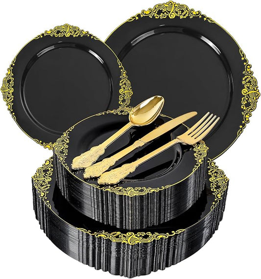 125PCS Black and Gold Plastic Plates - Black Disposable Dinnerware Set - Vintage Plastic Plates with Gold Silverware for 25 Guests for Wedding Party