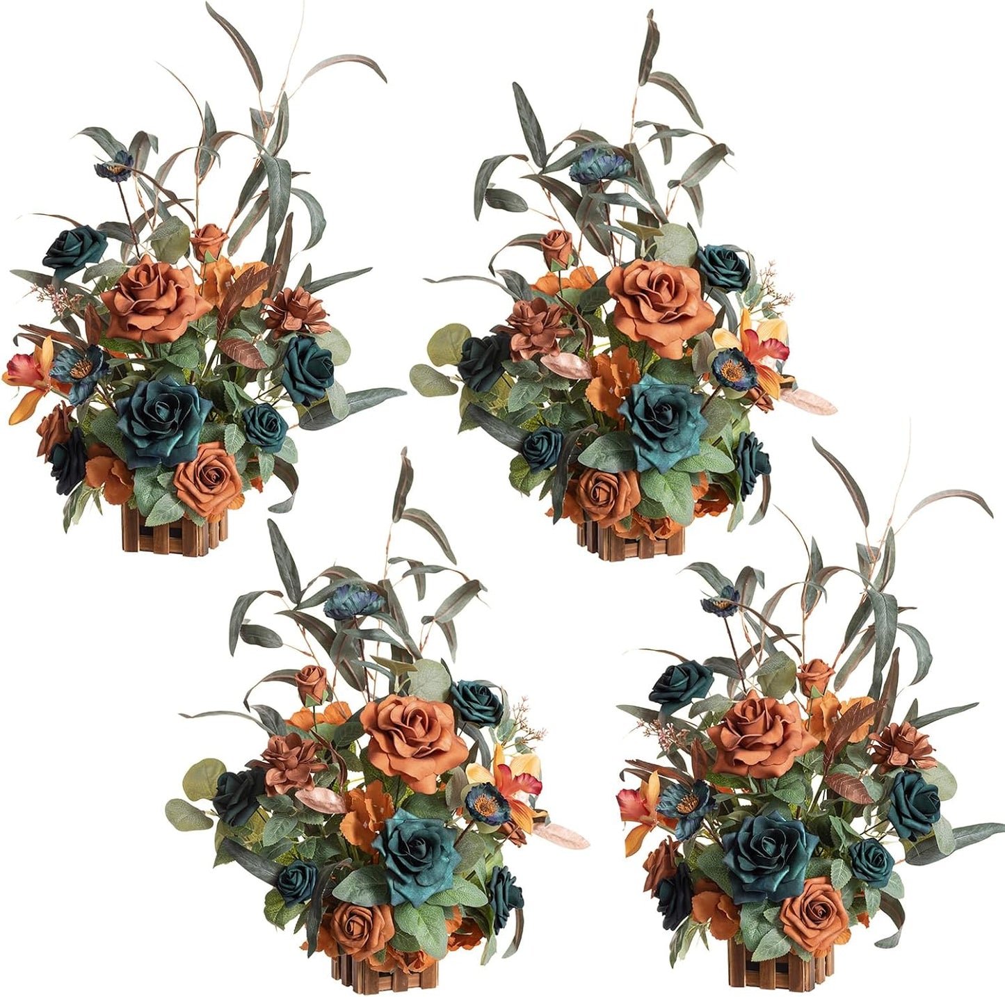 Ling's moment 17.5" Tall Standing Artificial Flowers Arrangements 4pcs Fall Wedding Aisle Runner Chair Decorations Teal Burnt Orange Centerpieces Ceremony Reception Rose Floral Party Outdoor