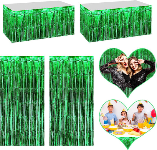 4P Metallic Foil Fringe Tinsel Table Skirts for Rectangle Tables Backdrop Banner Tinsel Streamer Garland Curtains for Parade Floats Wedding Graduation Anniversary Birthday Parties Decoration (Green)