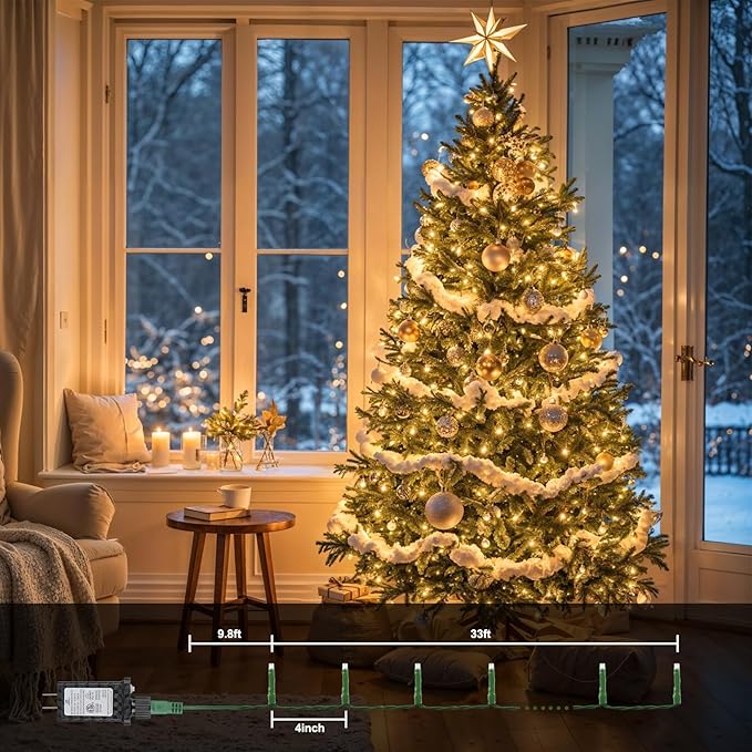 Twinkle Christmas Lights 33ft 100 LED 8 Modes with Timer, Connectable Xmas Tree Mini Lights for Indoor Outdoor Home Party Patio Garden Holiday Warm White