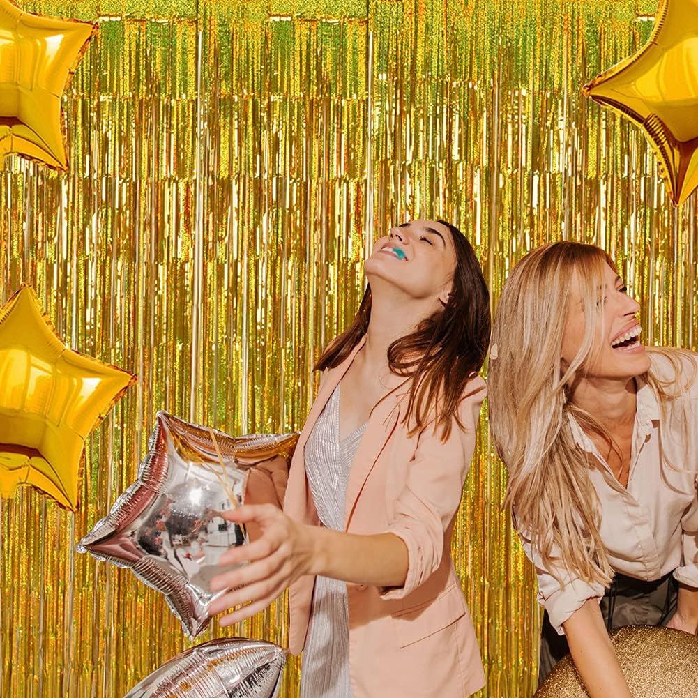 TONIFUL 3Pcs Laser Gold Door Streamers, Metallic Foil Fringe Curtains for Birthday, Christmas, New Year, Bachelorette, Graduation Parties (9.9ft x 6.6ft)