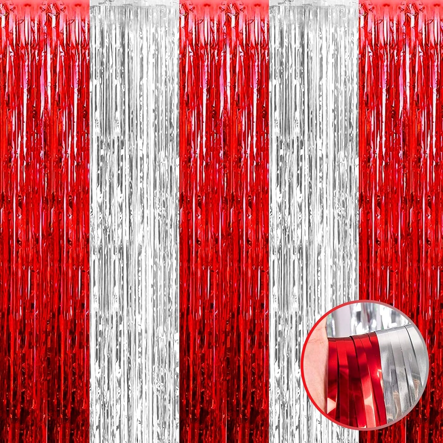 4 Pack Foil Fringe Curtain Backdrop, 3.28Ft x 8.2Ft Metallic Tinsel Foil Fringe Streamers Curtains for Photo Booth, Wedding, Circus Welcome Carnival Birthday Party Decoration Silver Red