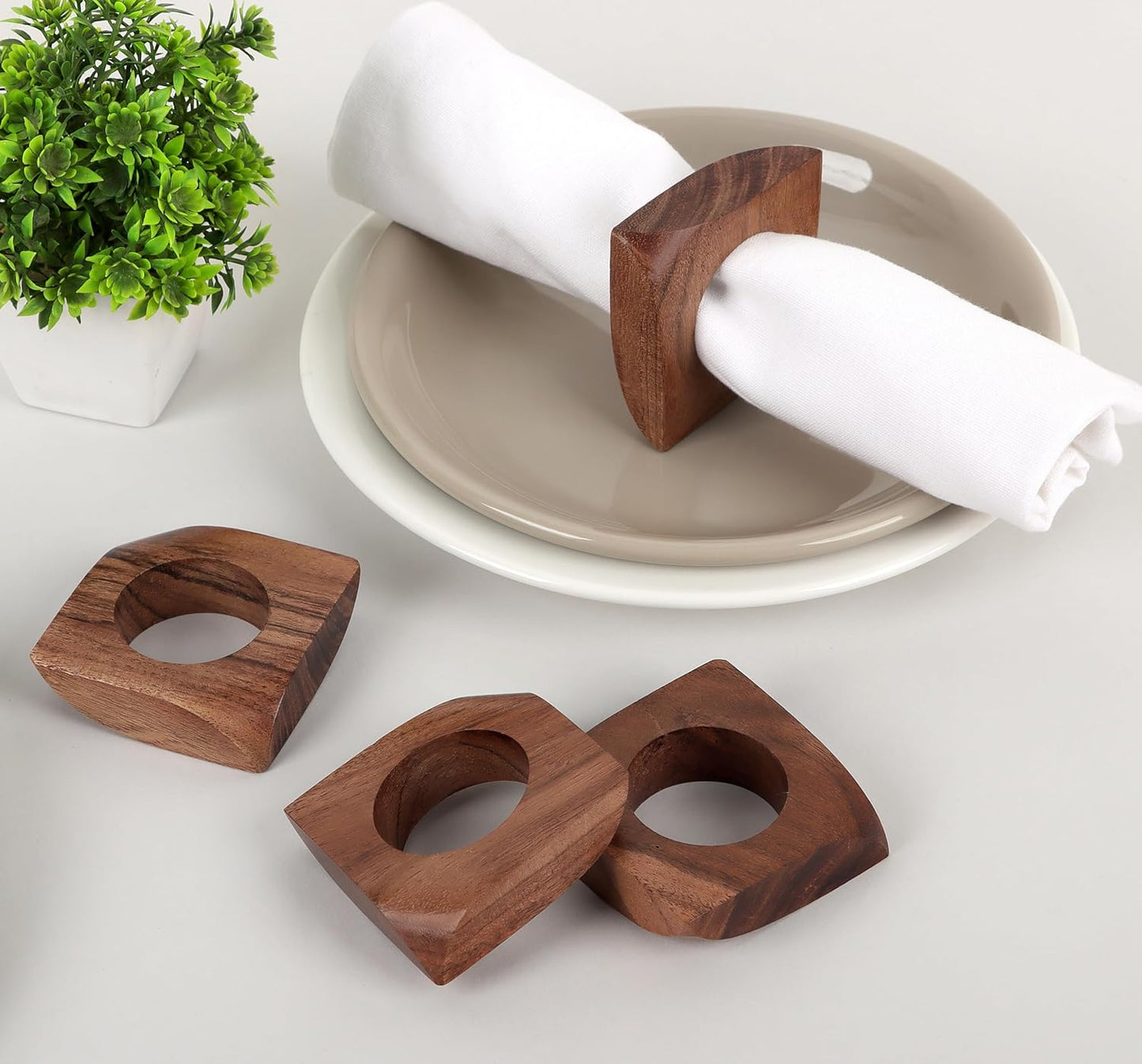 Wooden Napkin Rings Set of 12 Fall Decor for Home Square Acacia Wood Napkin Holders for Dining Table Settings Wood Napkin Ring Rustic Table Décor for Weddings, Parties, and Everyday Use - CLEENTABLE