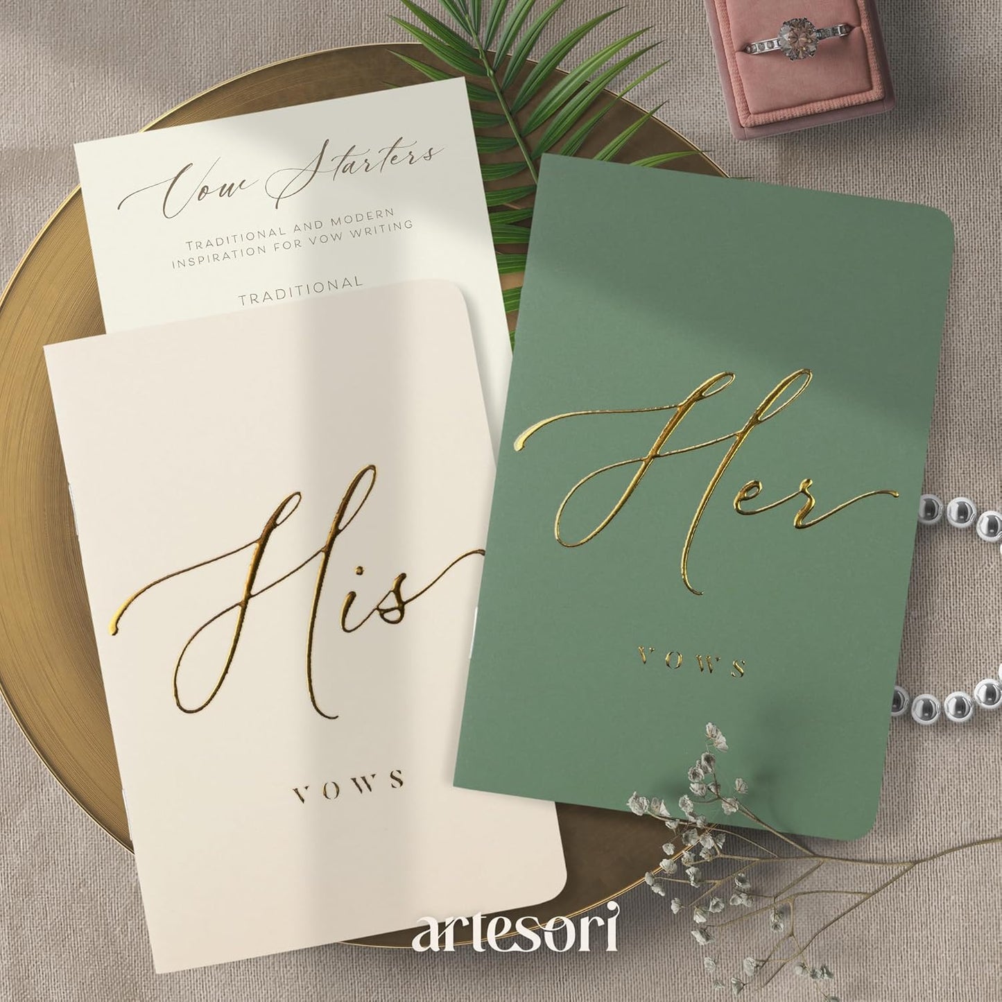 ARTESORI Wedding Vow Book for Her & Him, Soft Touch, Gold Engraving, 28 Lined Pages, Wedding Vow Books His and Hers, Wedding Essentials, Wedding Registry Gifts, His and Hers Gifts [Sage & Ivory]
