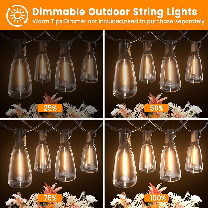 LED Outdoor String Lights 100ft ST38 Waterproof Patio Lights with 50 Vintage Shatterproof Bulbs(3 Spare), Dimmable Outside Hanging Edison String Lights for Backyard Porch Balcony Decor, Warm White