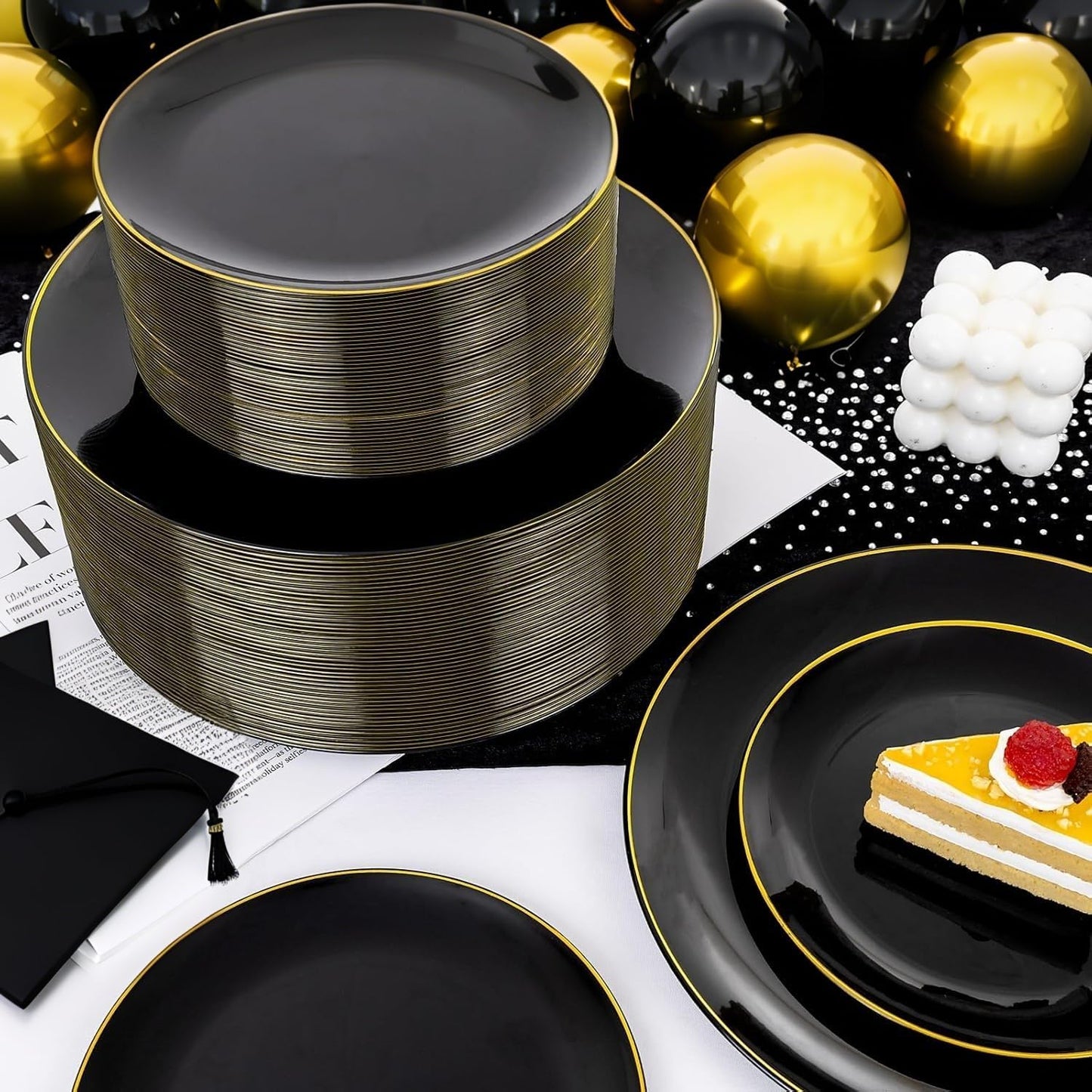 KIRE 350 PCS Plastic Dinnerware Set for 50 Guests - Black and Gold Plates 50 for Dinner 50 for Dessert & 50 Pre Rolled Napkins with Disposable Silverware 50 Cups for Halloween Party/Banquet/Wedding