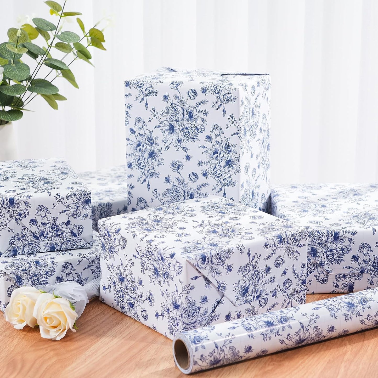 Ulmasinn Blue Floral Wrapping Paper Roll - 17 Inches x 33 Feet - Vintage Toile Blue Floral Design with Cut Lines for Upscale Gifts, Birthday, Bridal Shower, Wedding, Mother’s Day
