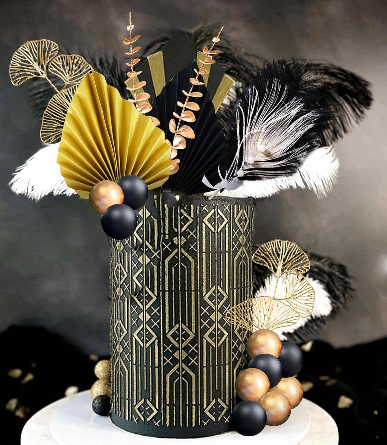 Boho Cake Topper Man Cake Toppers Happy Birthday Cake Topper Black Gold Balls Cake Decorations for Roaring 20s Cake Decoration Wedding Baby Shower Party Decoration