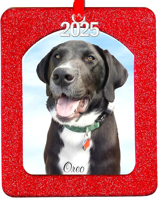 2025 Photo Ornaments for Christmas Tree, Sparkly Glitter Christmas Frame Ornament, Easy-Load Magnetic Design, Includes Satin Ribbon, Silver Charm & Photo Protector, Vertical, Red