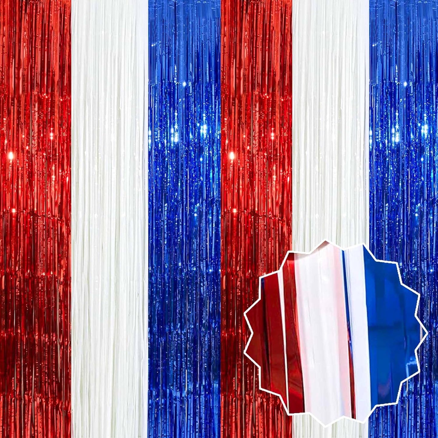 6 Pack White Blue Red Foil Fringe Curtains Backdrop, 3.28 x 8.2 Ft Metallic Streamers Tinsel Curtains Background for Photo Booth, Birthday, Weddings, Carnivals, Graduation, Themed Party Decorations