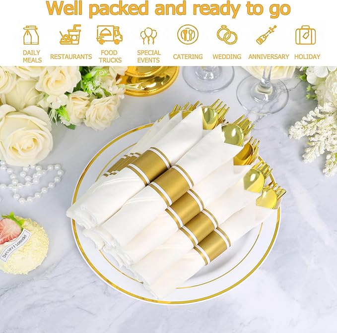 200 Pack Pre Rolled Gold Plastic Silverware Set,Wrapped Plastic Cutlery Set with Napkin Include 200 Forks,200 Spoons,200 Knives and 200 White Napkins for Party,Wedding,Christmas