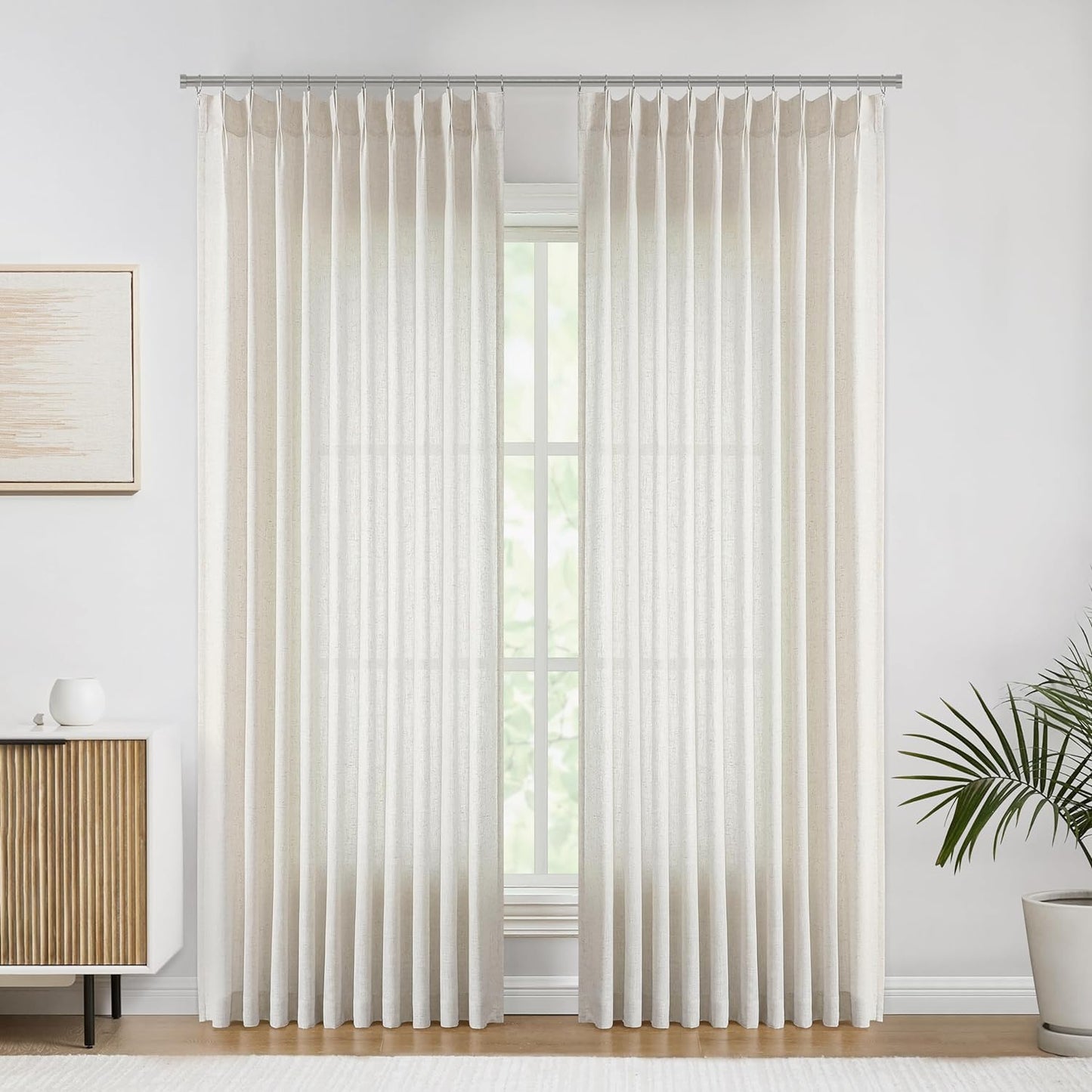 Vision Home Natural Pinch Pleated Semi Sheer Curtains Textured Linen Blended Light Filtering Window Curtains 90 inch for Living Room Bedroom Patio Pinch Pleat Drapes with Hooks 1 Panel 60" Wx90 L