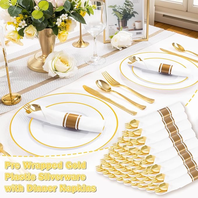 Liacere 100Pack Pre Rolled Gold Silverware and Napkin-Disposable Gold Plastic Utensils-Wrapped Plastic Cutlery Set with Napkin:100 Forks,100 Knives,100 Spoons,100 Napkins for Christmas＆New Years