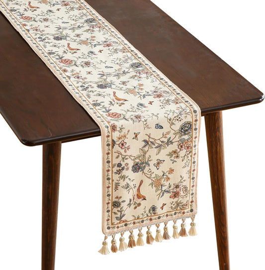 ISAENNE Designer Linen Table Runner 87 Inches Long,Elegant Floral Bird Pattern Table Runners for Dining Room,Farmhouse Rustic Kitchen Decor,Thanksgiving,Christmas,12"*87"-Cornucopia
