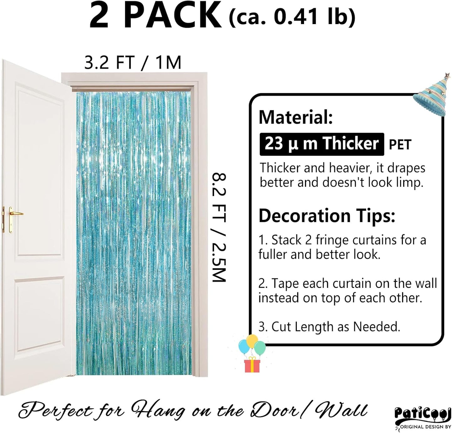 Light Blue Streamers Party Decorations - Thicken 2 Pack 3.2 x 8.2 FT - Blue Foil Fringe Backdrop Curtains for Birthday, Baby Shower, Bachelorette, Frozen, Pool, Under The Sea, Beach Party Decorations