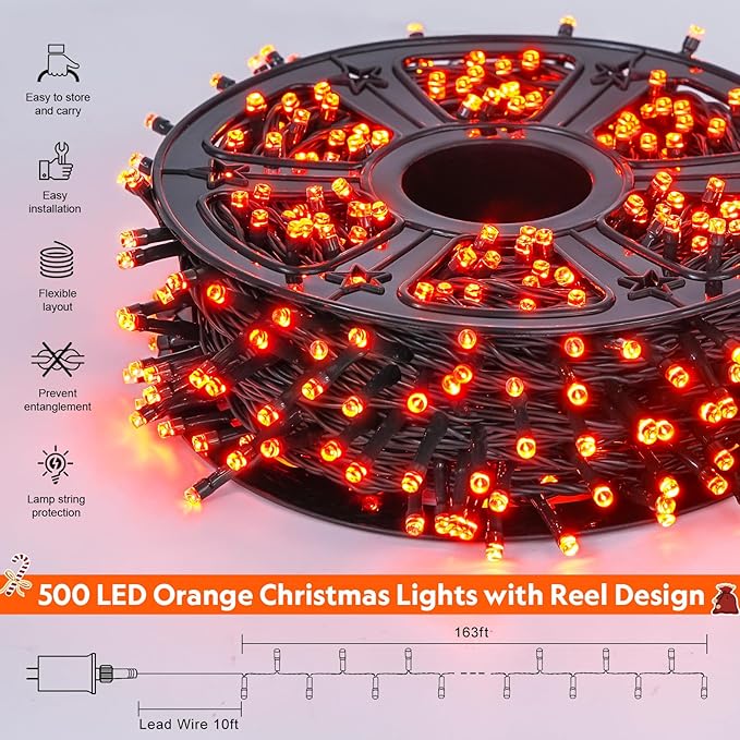 JMEXSUSS 500 LED Orange Christmas Lights Outdoor, 173ft Christmas String Lights Plug in, Waterproof 8 Modes Orange LED Light for Party House Tree Thanksgiving Xmas Decorations