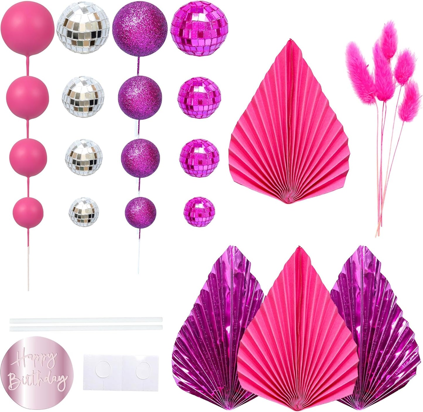 Ephlyn 33 Pack Balls Cake Toppers Boho Palm Leaves Cake Decorations Round Acrylic Happy Birthday Cupcake Toppers for Birthday Wedding Baby Shower Party Supplies Rose Red