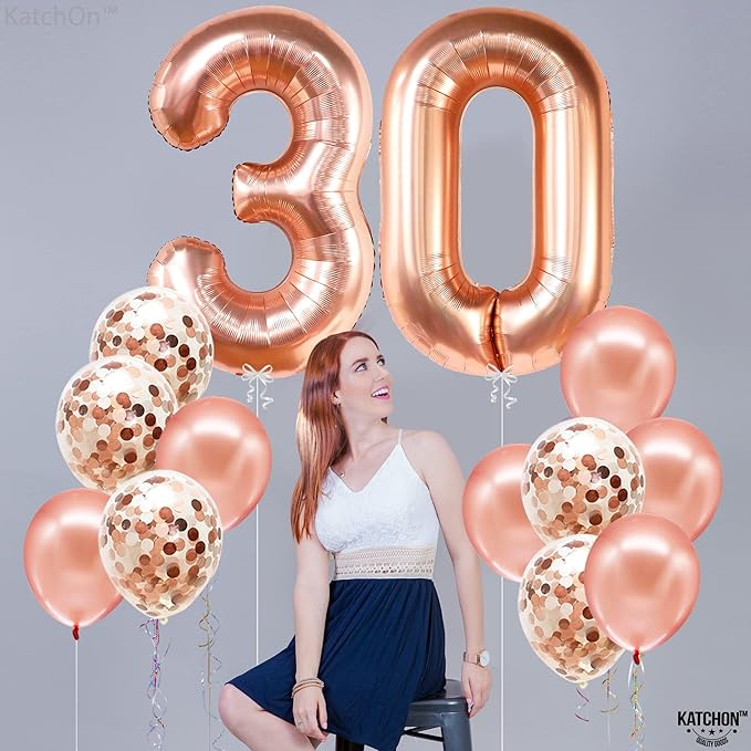 KatchOn, Rose Gold 30 Balloon Numbers - Giant, 40 Inch | Rose Gold 30 Balloons With Confetti Balloons | 30th Birthday Decorations for Women | Number Balloons for 30th Anniversary Decorations