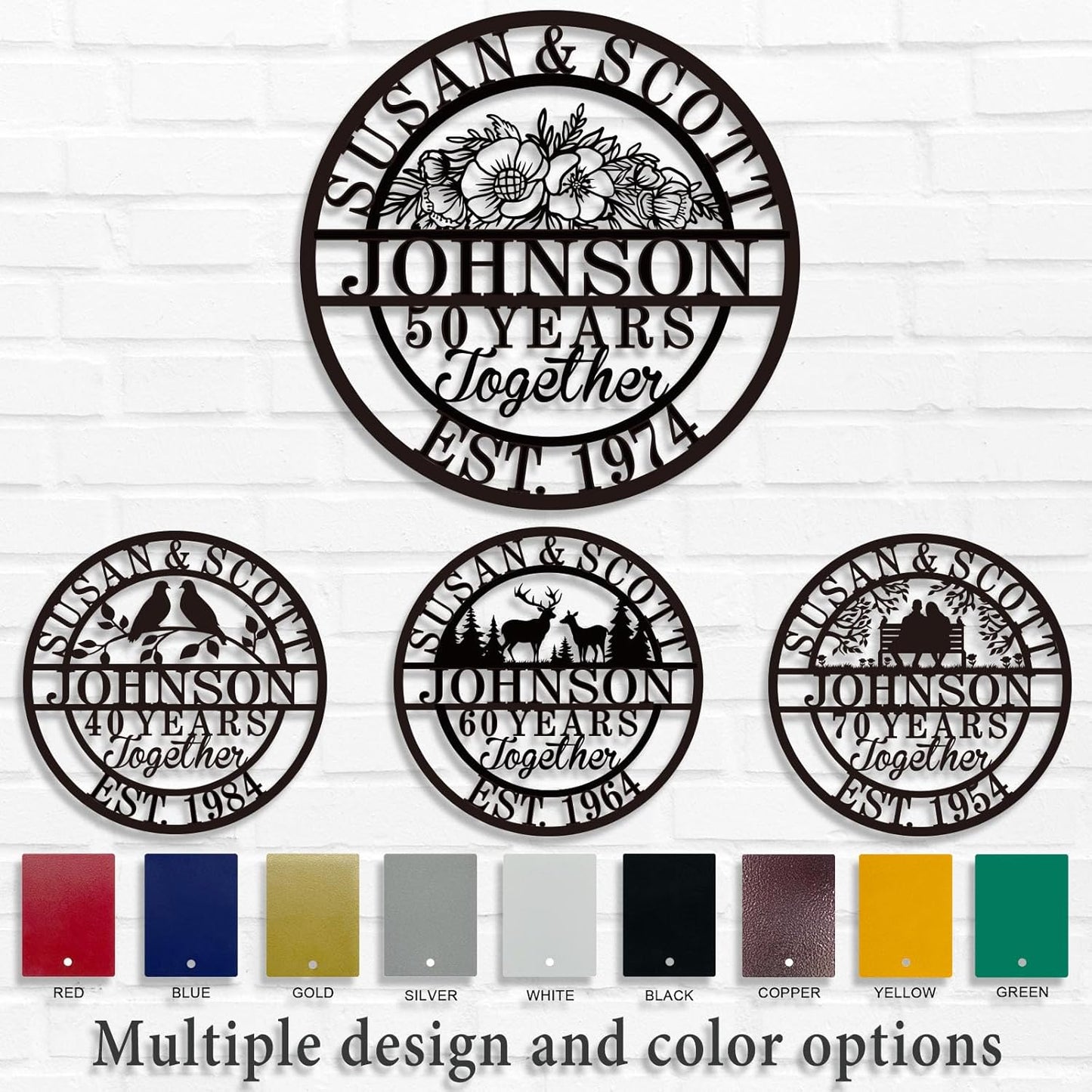 Custom 50th/40th/60th/70th/30th/1-99 Years Wedding Anniversary Sign Gifts for Couples Parents, Custom Metal Monogram Sign Personalized Family Name Signs (Flowers)