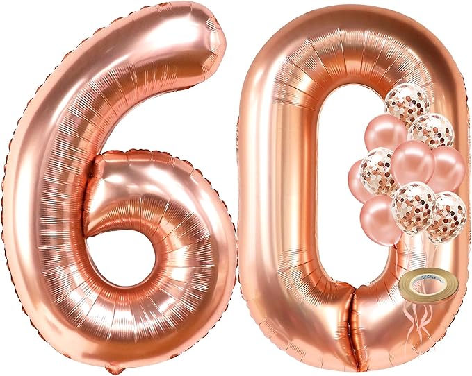 KatchOn, Big Rose Gold Number 60 Balloon - 40 Inch | Mylar Foil 60 Balloon Numbers For Happy Birthday Decorations | Number Balloons With Confetti For Anniversary Decorations | Birthday Party Supplies