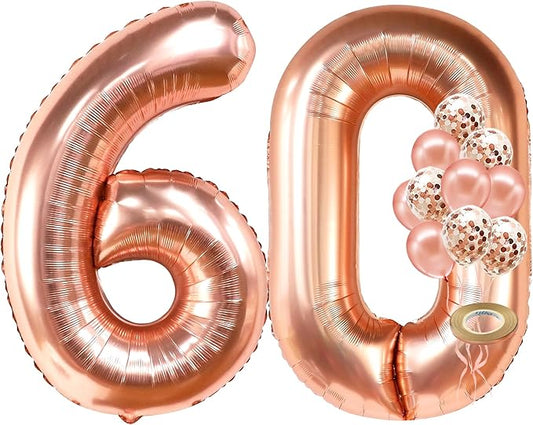 KatchOn, Big Rose Gold Number 60 Balloon - 40 Inch | Mylar Foil 60 Balloon Numbers For Happy Birthday Decorations | Number Balloons With Confetti For Anniversary Decorations | Birthday Party Supplies