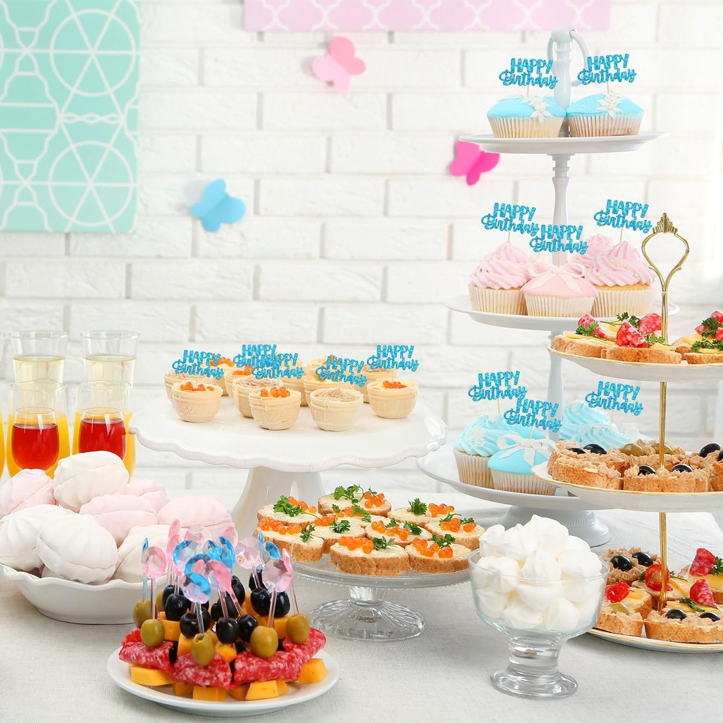 Gyufise Happy Birthday Cupcake Toppers Blue Glitter Birthday Cake Topper Picks Dessert Topper Decoration for Birthday Party Anniversary Celebration Pack of 24