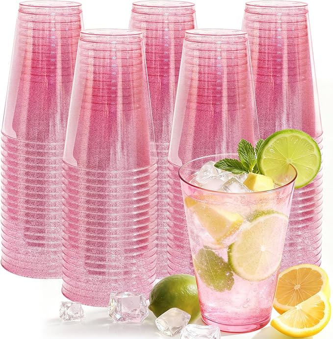 100 Pack Plastic Cups Disposable 12 oz Pink Glitter Party Cups for Cocktail Fancy Clear Plastic Cup, Drinking Cups for Birthdays, Weddings, Christmas,Graduation,Thanksgiving