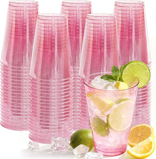 100 Pack Plastic Cups Disposable 12 oz Pink Glitter Party Cups for Cocktail Fancy Clear Plastic Cup, Drinking Cups for Birthdays, Weddings, Christmas,Graduation,Thanksgiving